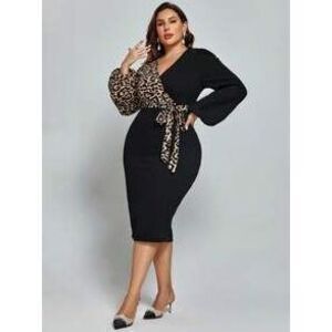 Classy Plus Size Leopard Print Lantern Sleeve Belted Bodycon Dress